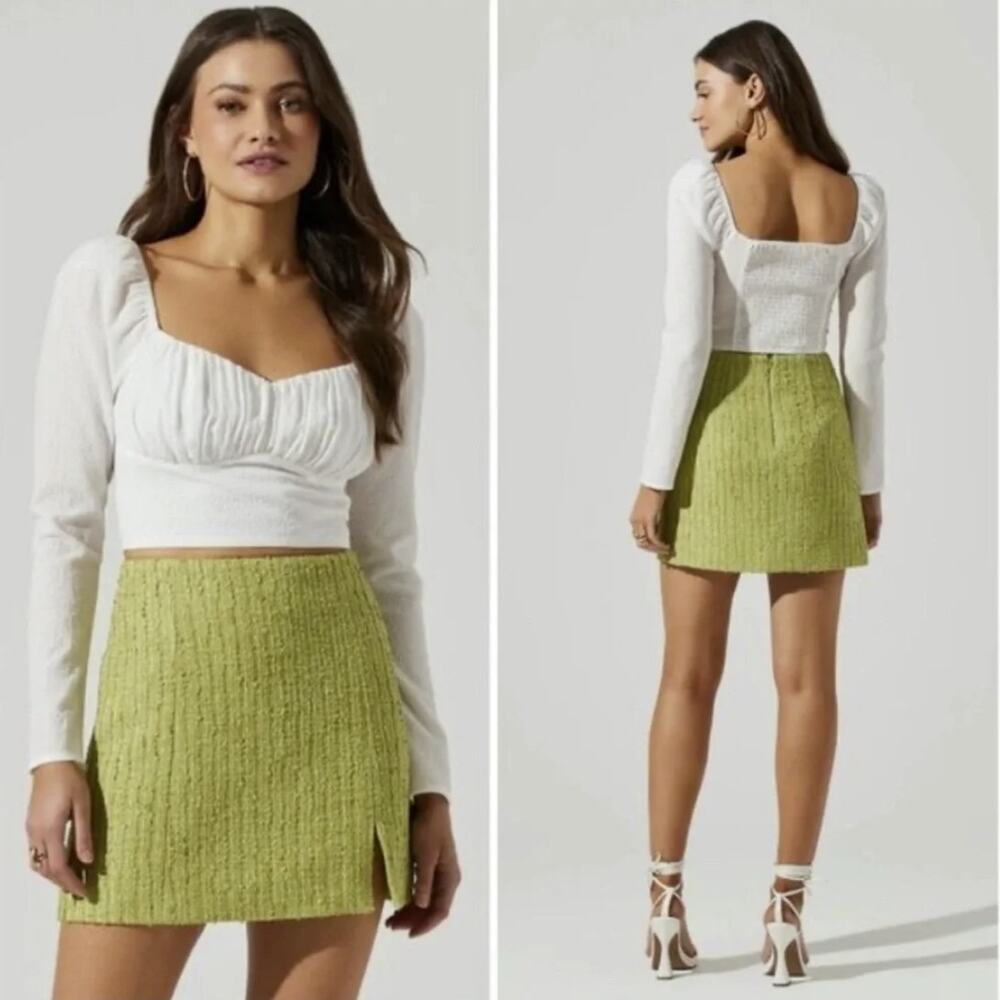 ASTR The Label Sweetheart Neck Ruched Crop Top Puff Sleeve White Small